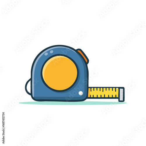 Cartoon style illustration of tape measure with yellow measuring blade on white background