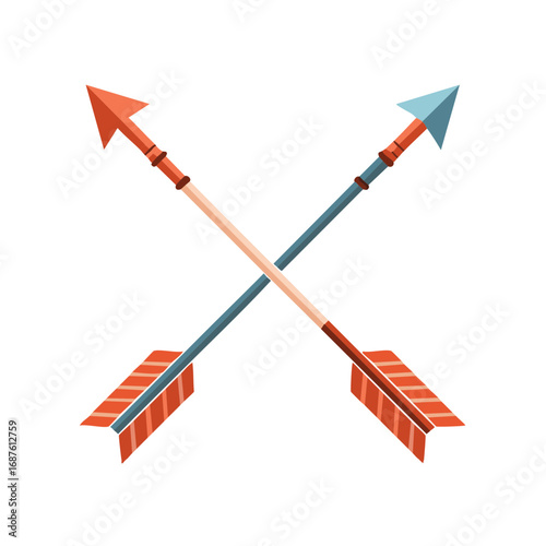 Two crossed primitive arrows with feathered fletching in warm and cool tones