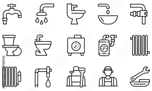 Minimal plumbing doodle pack with outline tools, pipes, radiators, sinks, and shower icons for repair and maintenance design.