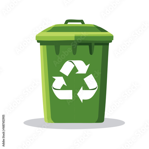 Green recycling bin vector illustration with white recycling symbol for waste separation and environmental conservation.