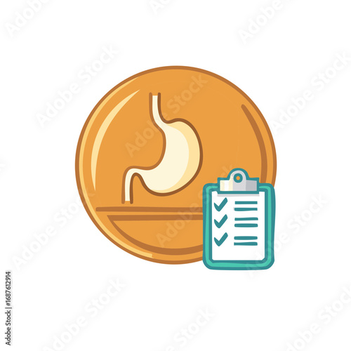 Gastroenterology and digestive system checkup flat icon with stomach and medical clipboard
