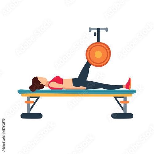 Woman performing leg press exercise with a weight on a fitness bench for strength training and muscle development