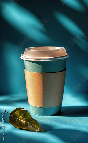 Cup of Coffee on Bright Blue Surface With Leaf and Natural Light