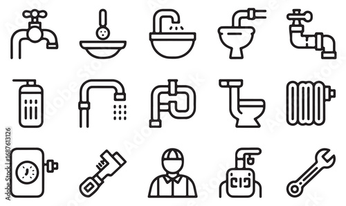 Collection of plumbing and sanitary system line icons featuring faucets, water drops, toilets, and household equipment.