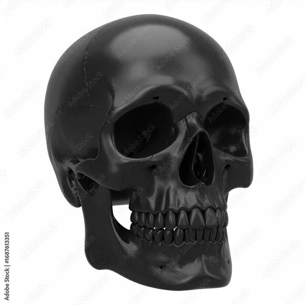 Fototapeta premium Black Anatomical Skull Model on White Background in Studio Lighting Medical Illustration