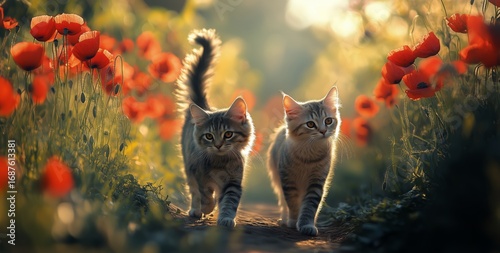 Two Playful Kittens Stroll Through a Vibrant Poppy Field During Golden Hour