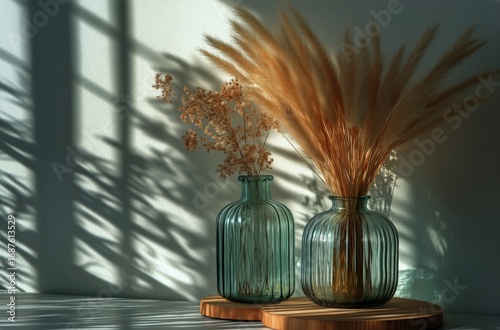 Elegant Glass Vases With Dried Flowers Create Serene Decor in Soft Light and ...