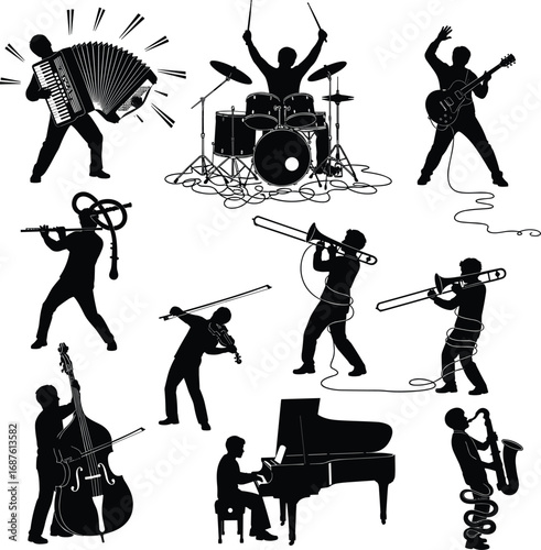 Silhouettes of Musicians Playing Accordion, Drum Set, Electric Guitar, Flute, Violin, Trombone, Double Bass, Piano, Saxophone in Concert