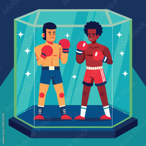Two boxers in red gloves inside a glass display case