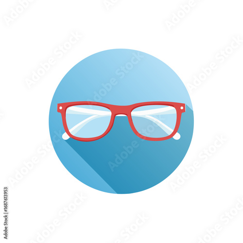 Red Eyeglasses With Clear Lenses And White Accents On Blue Circle Background