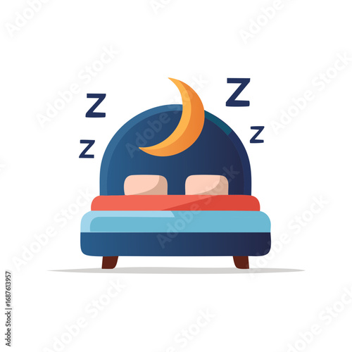 Isolated bed with moon and ZZZs around the top of the headboard to illustrate sleep and bedtime in cartoon style.