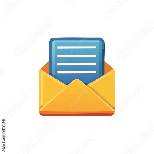 Open yellow envelope with blue document inside, icon representing communication