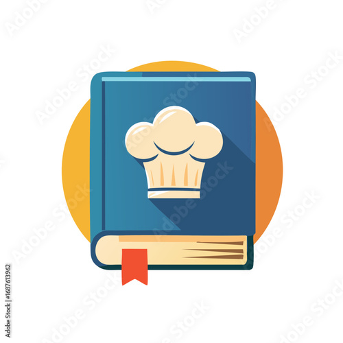 Cookbook with chef hat logo and bookmark in a flat design