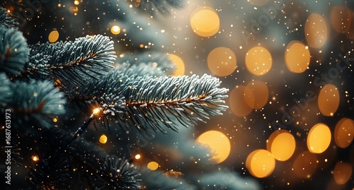 Festive Pine Tree Branches Adorned With Soft Snowflakes and Glowing Lights Du...