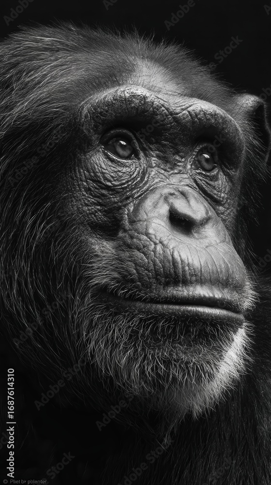 Fototapeta premium Majestic Portrait of Chimpanzee Against Dark Background