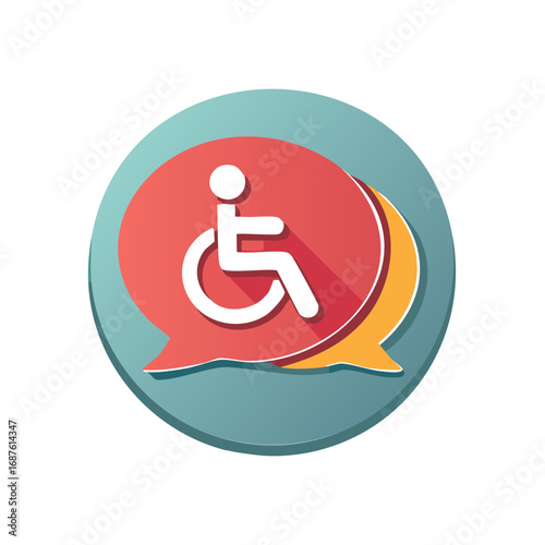 Wheelchair user symbol inside speech bubble graphic for accessibility and communication concepts