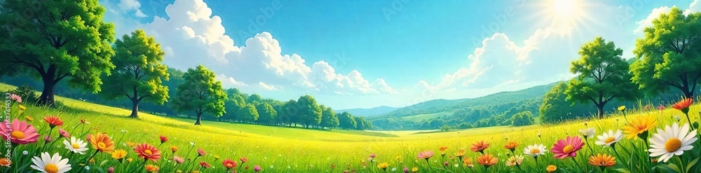 Fototapeta premium A vibrant summer landscape featuring lush green trees, a sun-drenched field of wildflowers, and a clear blue sky overhead, perfect for illustrating summer's beauty and tranquility , vibrant, meadow