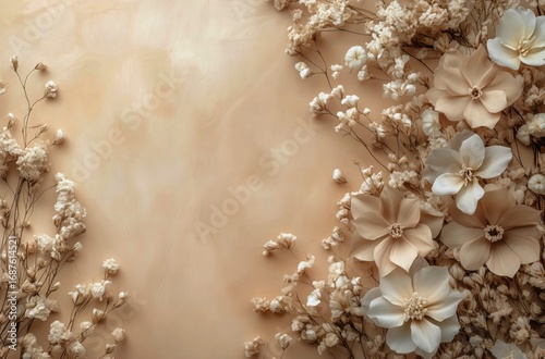 Soft Neutral Floral Arrangement With Delicate Blossoms on Light Textured Back...