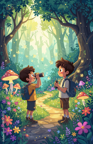 Two boys in a forest, one holding binoculars and observing nature, feeling adventurous and curious