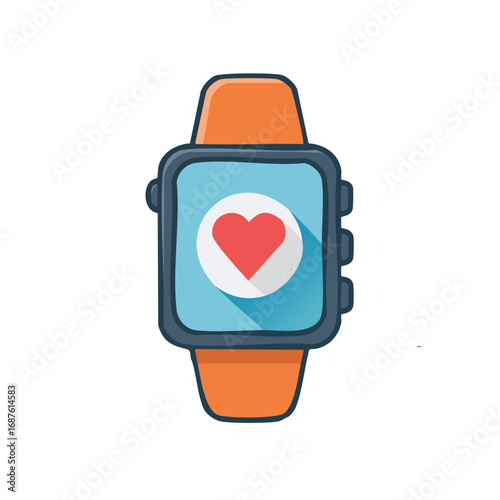 Illustrated heart symbol displayed on a smart watch with orange wristbands and rounded style showing love and connection