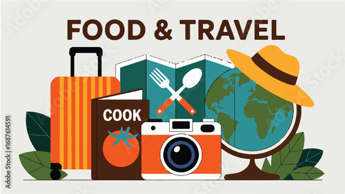Travel concept illustration featuring suitcase globe hat map camera cookbook and utensils highlighting food and travel adventures