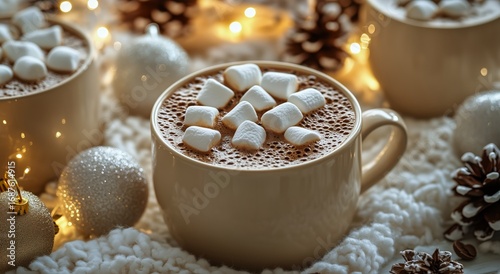 Warm Cups of Hot Cocoa With Marshmallows Surrounded by Festive Ornaments and ...