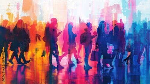 Colorful crowd of people walking