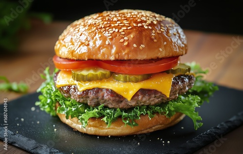 Delicious Cheeseburger With Fresh Vegetables on a Wooden Serving Board in a B...