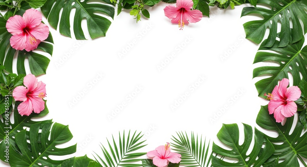 Fototapeta premium Lush Tropical Frame - Pink Hibiscus Monstera Leaves on White.