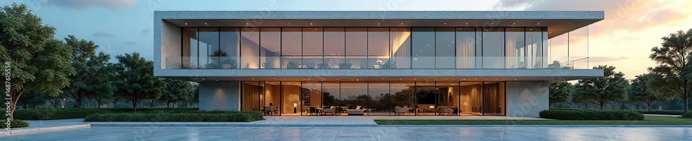 Obraz premium Modern, spacious office building with sleek glass facade and impressive architecture Ideal for corporate, real estate, and architectural websites , perspective, elevation