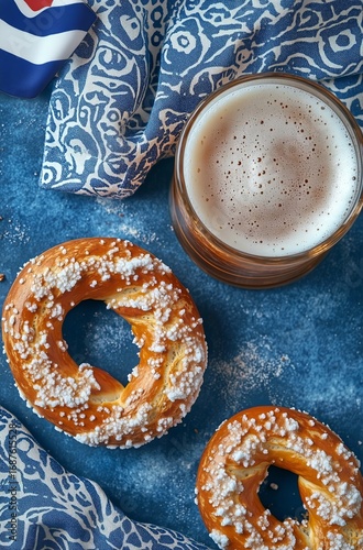Enjoying Craft Beer and Fresh Pretzels at a Cozy Table During a Festive Gathe...