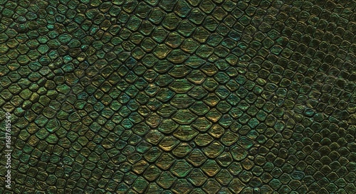 A detailed macro photograph of iridescent green and gold reptilian scales creating a textured pattern.