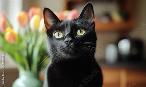 Black Cat Posing in a Cozy Kitchen With Colorful Tulips in Vase on a Sunny Mo...