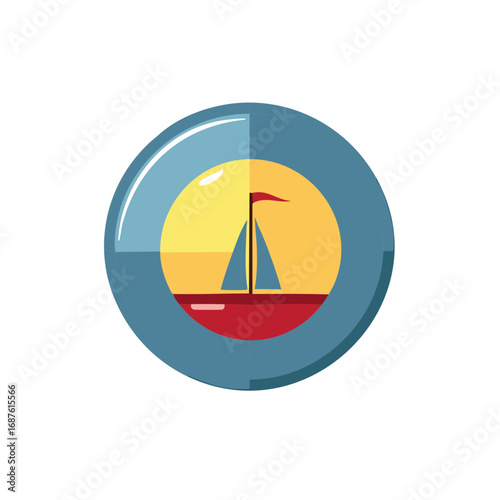 Vector illustration of a sailboat at sunset inside a blue circle