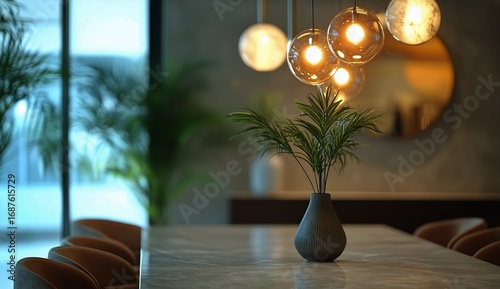 Elegant Modern Interior With a Marble Table and Decorative Plant in Soft Afte...