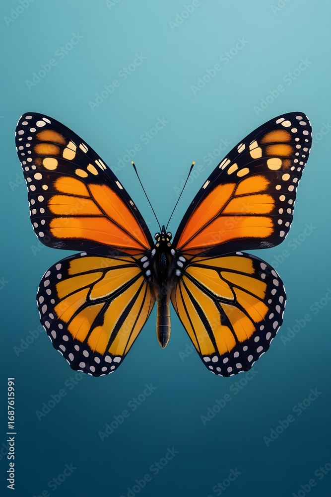 Fototapeta premium Monarch butterfly with vibrant orange wings against a blue background.
