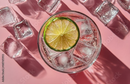 Refreshing Drink With Lime Garnish on Reflective Surface During Bright Daylight.