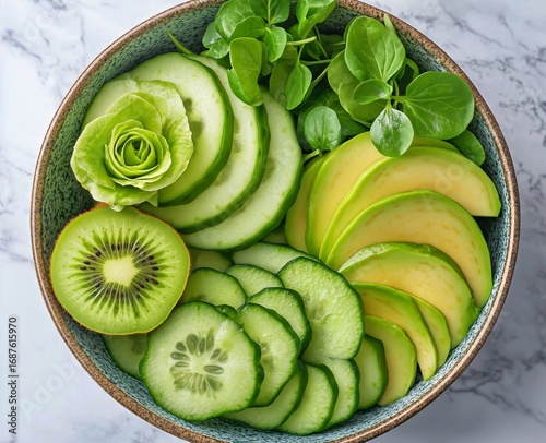 Fresh Green Salad Bowl Featuring Sliced Vegetables and Fruits for a Healthy M...
