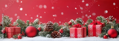 Festive Winter Decoration With Gifts and Ornaments on Red Background
