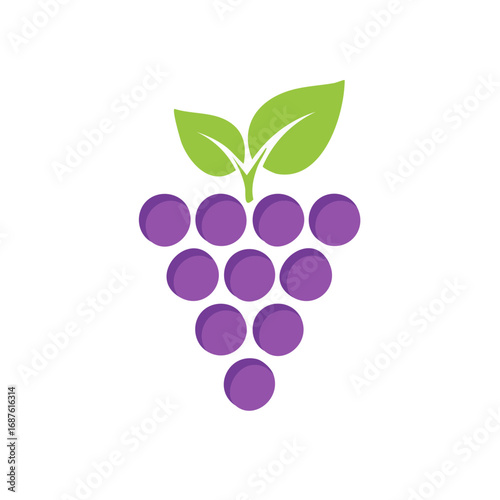 Stylized purple grapes cluster with two green leaves on a white background