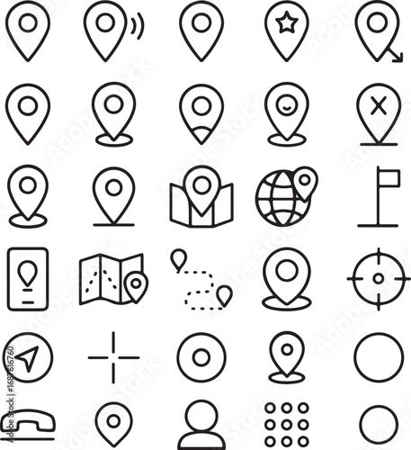 Collection of Geographic Location Marker Icons for Navigation and Mapping Applications