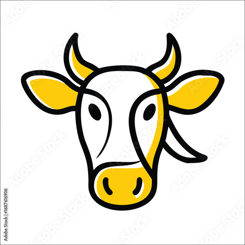 A stylized, minimalist illustration of a cow's head with yellow accents on its horns, ears, and muzzle, set against a white background.