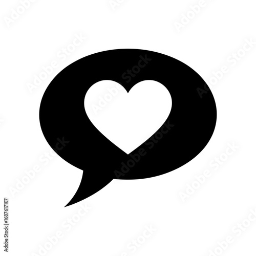 black and white silhouette of love heart inside speech bubble symbol of conversation