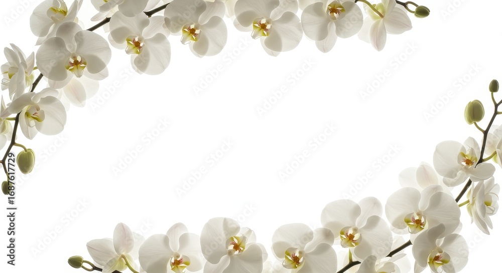 Obraz premium Elegant White Orchid Border - Delicate Floral Frame on White Background.