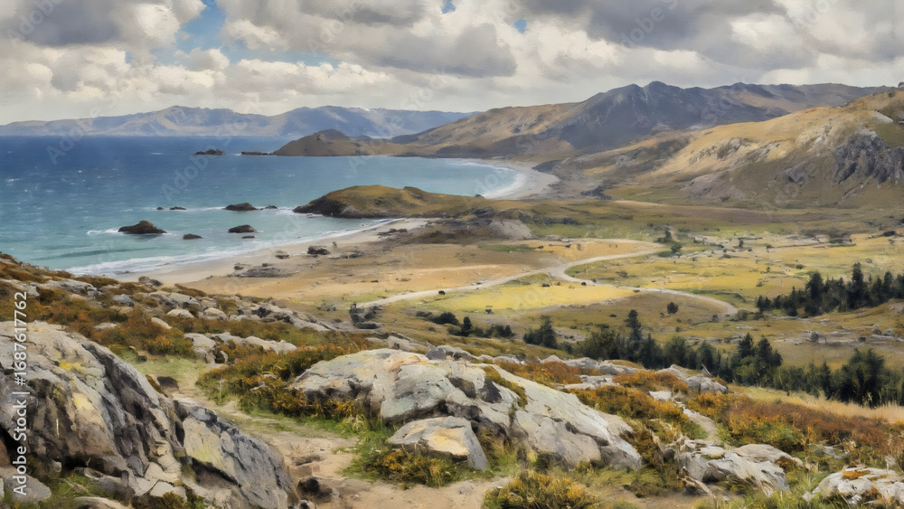 Fototapeta premium Weite Küstenebene mit Blick auf Berge und Meer - Landschaft Wallpaper - Natur Hintergrundbild