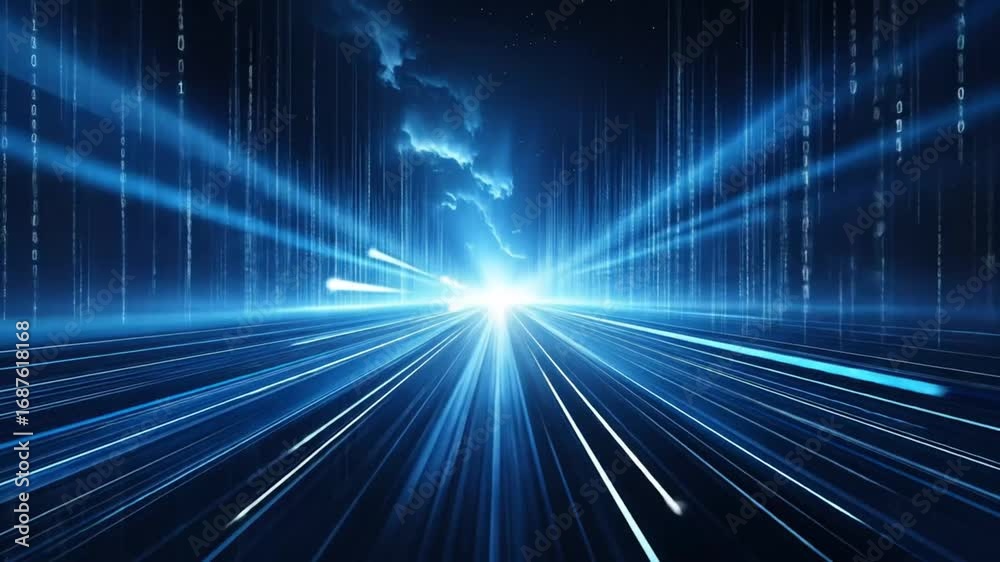 Abstract digital tunnel with binary code and light trails for technological future