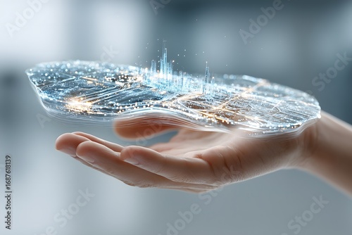 Futuristic human hand holding a glowing hologram of an innovative smart city plan