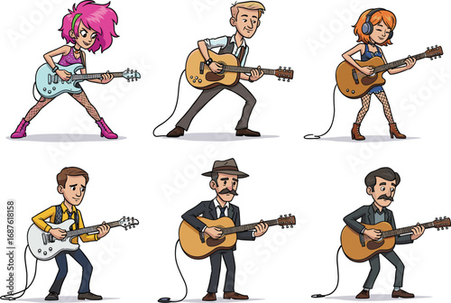 Guitarists cartoon set, electric, acoustic, music performance, musician, stage, instrument, style, personality, genre, rock, folk, jazz, country