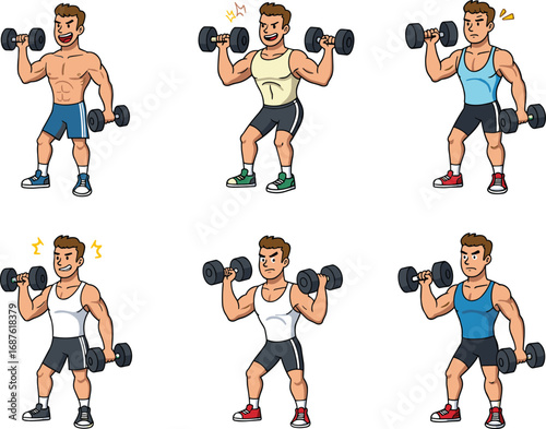 Man lifting dumbbells cartoon set, fitness, workout, exercise, gym, strength training, bodybuilding, health, muscle, weight, lifestyle, athlete, active