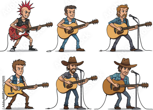 Guitarists cartoon set, electric, acoustic, punk, rock, country, folk, music performance, musician, stage, instrument, style, personality, genre